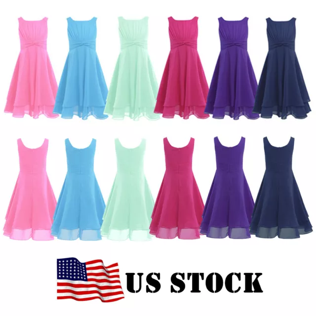 US Flower Girl Dress Kids Princess Pageant Wedding Bridesmaid Party Ruched Dress