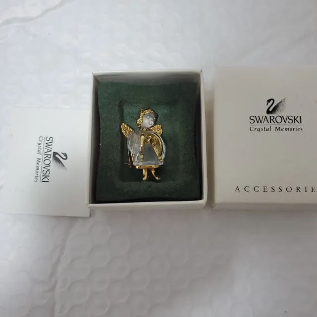 Vintage Daniel Swarovski Crystal Golden Tiny Angel Brooch Pin with box