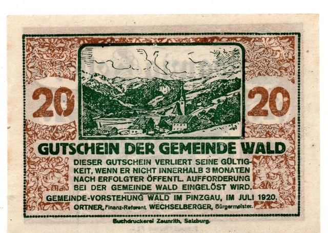 1920 Austria Notgeld Municipality of Wald im Pinzgau 20 Heller (B159)