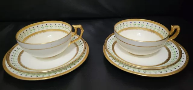 Antique Minton 19th C Gold Encrusted Jeweled 2 Trio Cup And Saucer Set Hairlines