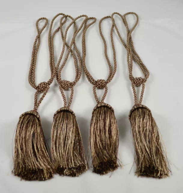 Set of 4 Lrg Curtain Drape Tie Backs ~ Tassels Braided Golden Beige Brown Silky