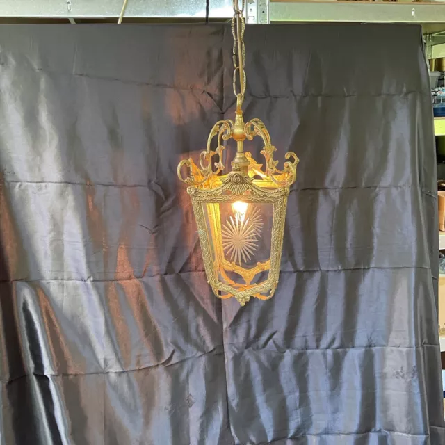 Vintage Gilt Brass Rococo Style Glass Hanging Lantern Porch Hall Ceiling Light