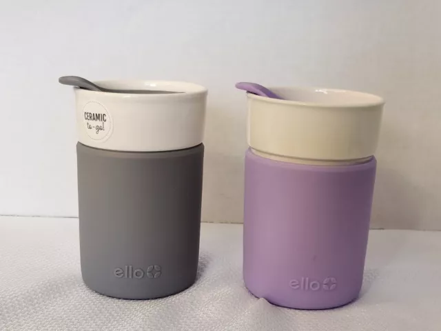 ELLO CERAMIC w SILICONE SLEEVE SET of 2 NO SLIP Cups w SLIDE No Spill Spout 10oz