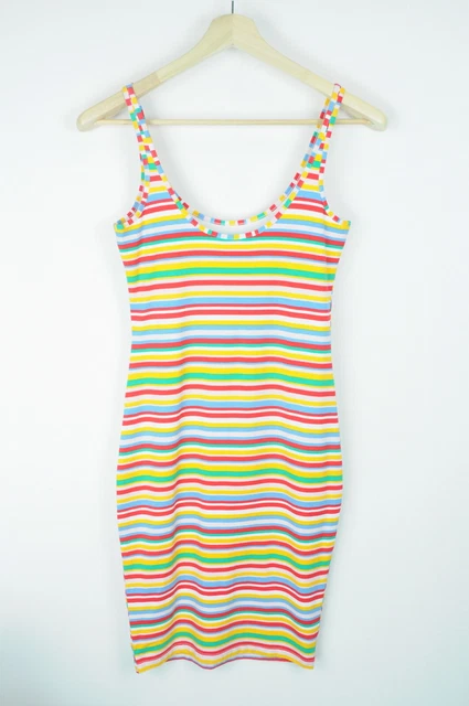 Guess Abito Donna Piccolo Aderente Tricot senza Maniche a Righe Stampa Logo 2