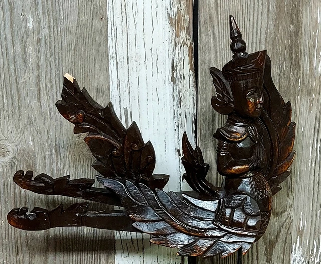 Vtg Burmese Thai Carved Wood Kannara/i Nat Spirit Deity Sculpture on Wood Stand 2