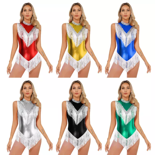 Womens Leotard Glossy Dancewear Glitter Cocktail Party Dress Gymnastic Cha-cha