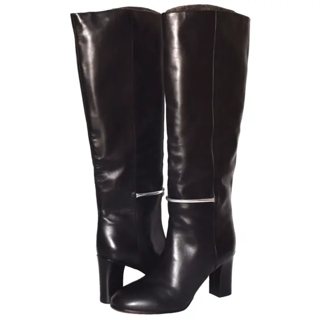 NWOB Via Spiga Shaw Leather Tall High Heel Pull On Black Boots Size US 9M/EU 39
