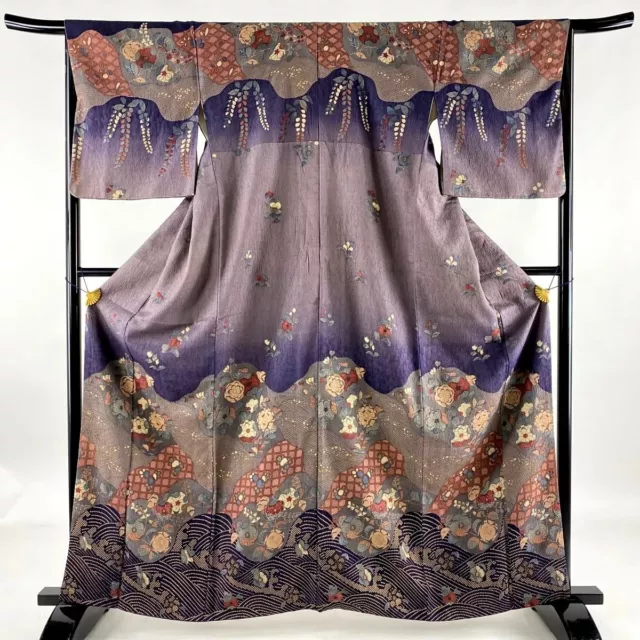 Japanese kimono  "HOUMONGI", Plants, Waves, Purple ,L5' 5"..3298