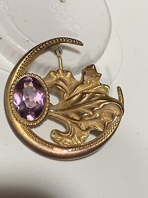 Antique Victorian Gold Filled Crescent Moon Brooch Pin Art Nouveau Purple Stone