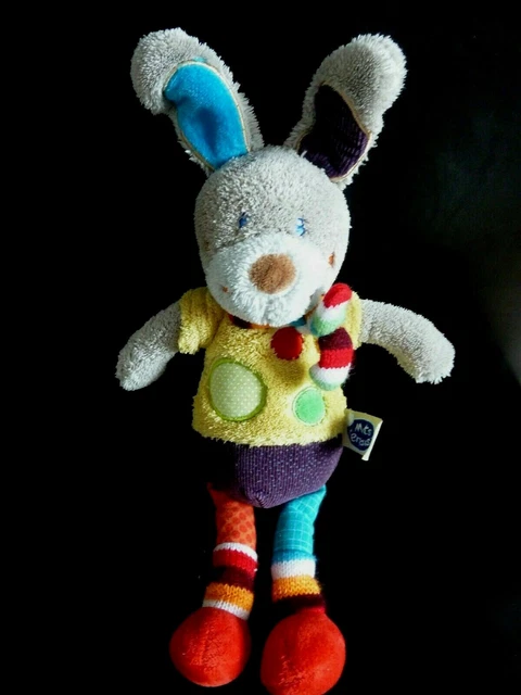 A6- DOUDOU PELUCHE MOTS D'ENFANTS LAPIN GRIS JAUNE VERT VIOLET ROUGE ROND 28cTBE