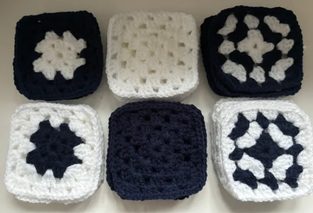 60 X New Beautiful Handmade Crochet Granny Squares  Baby White & Navy Blue