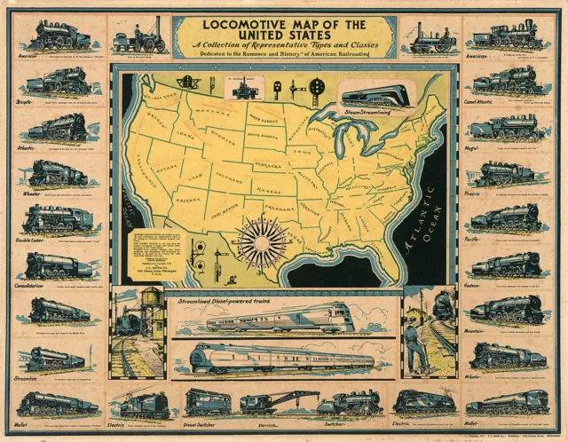 1920 Pictorial Locomotive Map of the United States Railroad Wall Art Poster US