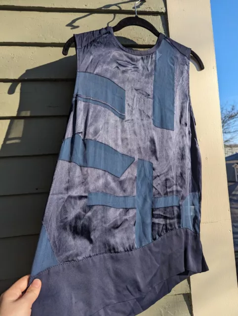 Helmut Lang Tank Sleeveless Navy Top Silk Blend Geometric Sheer Panels Zip Shirt