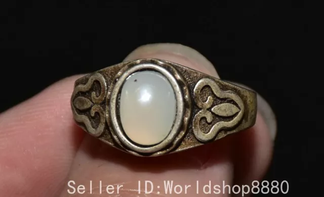 1" Ancient Chinese Dynasty Silver Inaly White Jade Fushou Jewelry Ring Finger