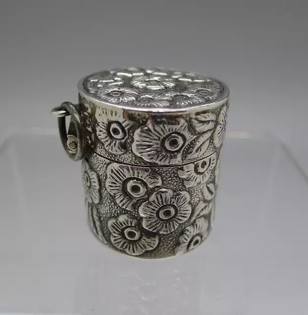 Rare Antique Vintage 925 Fine Sterling Silver Repousse Thimble Holder Case Box