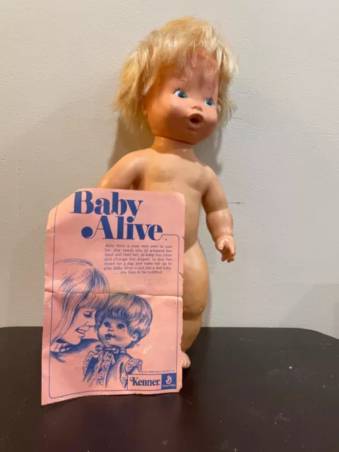 Vintage Kenner Baby Alive Doll 1973 /74 With Diapers Food Dish Booklet Box  Bib Dish Spoon Bottle Blanket 