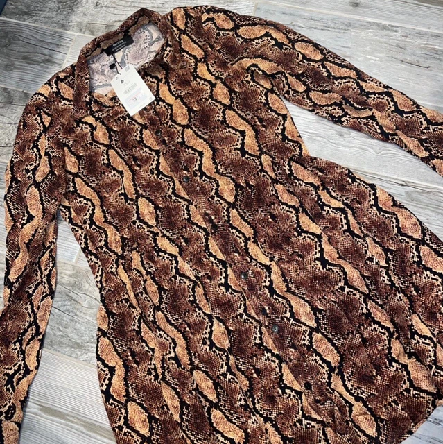 BNWT BERSHKA SNAKE Print Shirt Dress Size Xs Fits 6 8 Brown Black