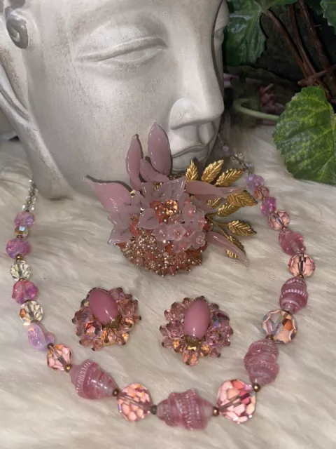 Miriam Haskell Whimsical Pink Glass Ornate Parure Necklace Brooch Earring Set