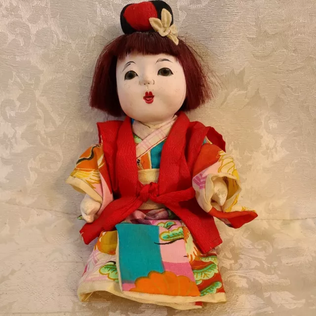 Vintage Ichimatsu Gofun Japanese Asian Baby Girl Doll In Kimono 8 Inches Tall