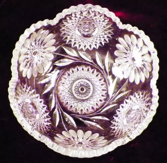 Gorgeous Cut Glass Crystal Bowl Flowers Hobstars Leaves Large A Vintage Beauty