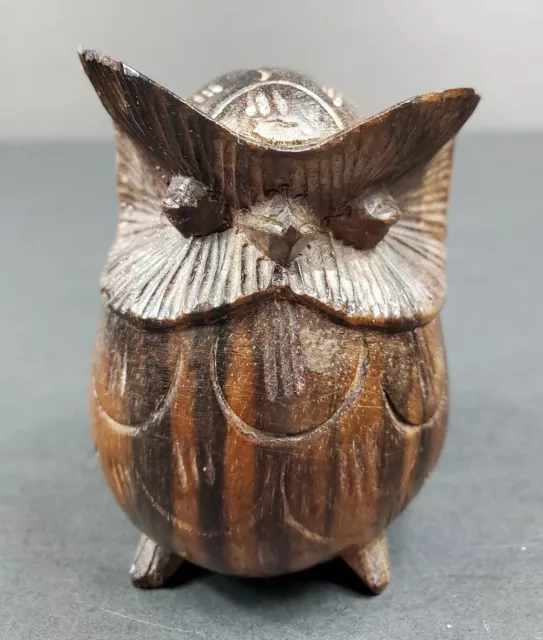 Vintage Primitive Hand Carved Heavy Dark Wood Owl Bird San Diego Zoo Souvenir