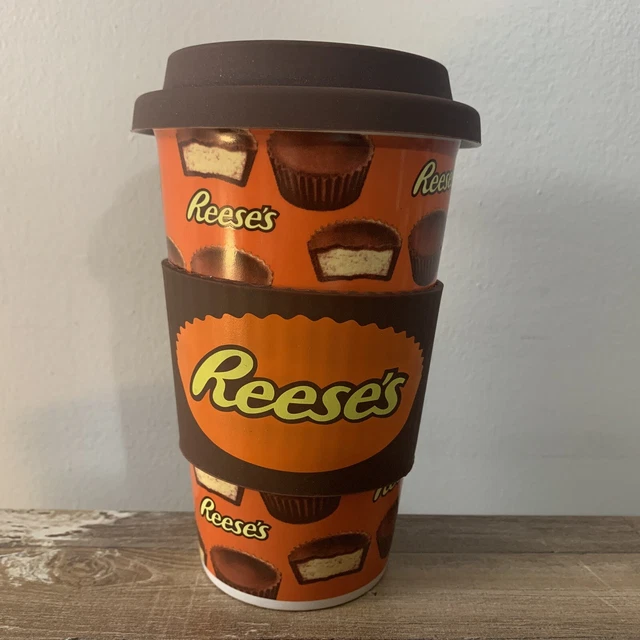 Reese's Peanut Butter Cup Travel Coffee Mug Silicone Grip Ceramic 16 oz Tumbler