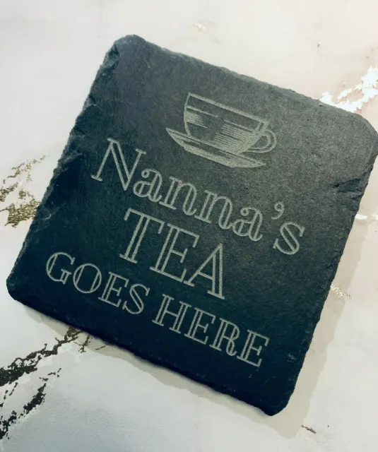 Personalised Slate Coaster Your Drink here, Laser Engraved Tea Coffee Hot Choc