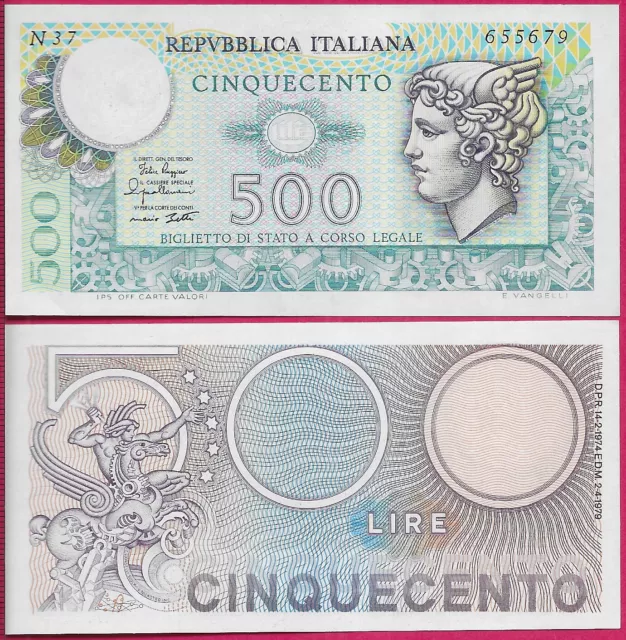 Italy 500 Lire 1974 Unc Mercury At Right,Allegoric Figures At Left,Emblem Of Ita