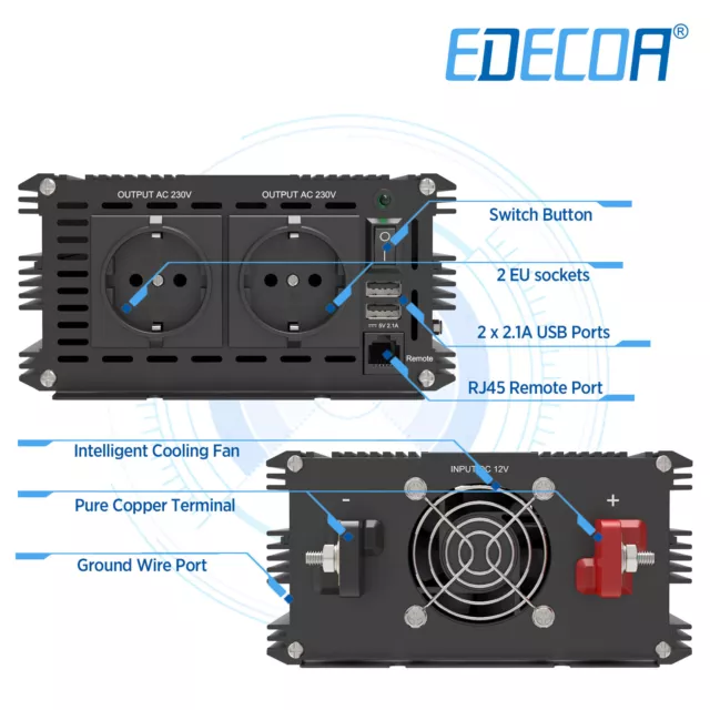 EDECOA Convertisseur 12V 220V Pur Sinus 1500W transformateur 2x USB Inverter 3