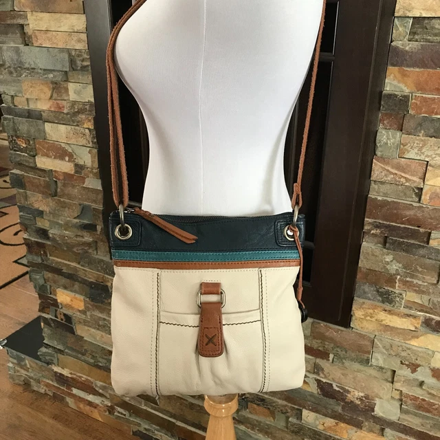 The Sak Leather Crossbody Shoulder Bag Purse Cream-Brown-Aqua-Blue 11 x 11 ~ VGC