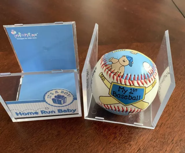 VTG It's a Boy Blue Bear Baseball Birth Announcement Keepsake Infantino 1997