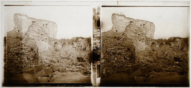 WW1 war 14-18.Château de Coucy.Les Ruines.Ardennes.Stereo on glass.6X13cm.LS