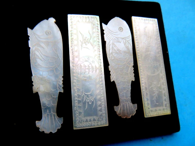 Antique 4 Mother Of Pearl Sewing Thread Winders 2 Pagoda Scenes & 2 Fish.