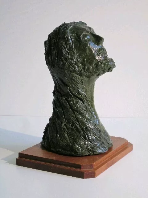 Scultura testa uomo statua figura antropomorfa base legno opera vintage anni '60