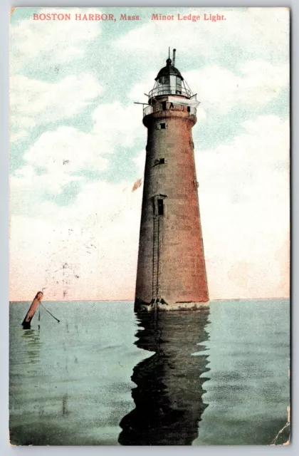 Minot Ledge Lighthouse~Boston Harbor MA~Ladder To Entrance~PM 1908 Postcard