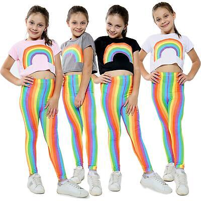 Kids Girls Crop Top & Legging Rainbow Trendy Fashion Belly Shirt Clothing Sets