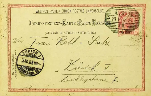 AUSTRIA 1902 FRANZ JOSEF 10h UPU POSTAL CARD FROM RIVA TO ZURICH SWITZERLAND