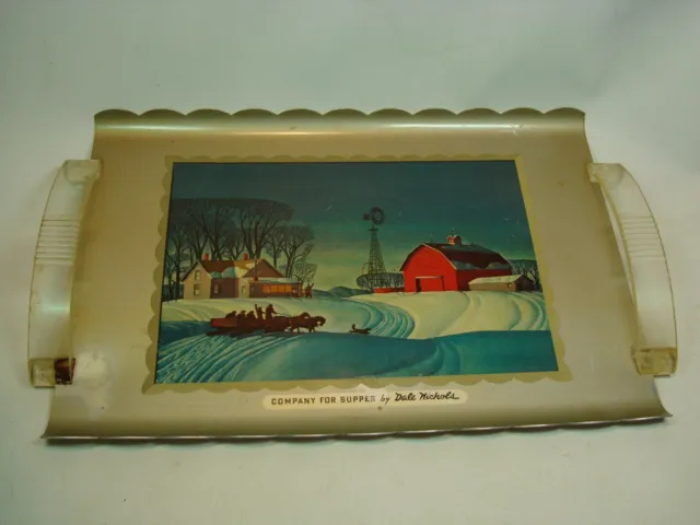 Vintage Dale Nichols Tray Company For Supper Aluminum Tray w Plastic Handles