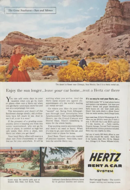 1956 Hertz Rent A Car - Ford Fordomatic - Chimayo, NM Desert - Print Ad Photo