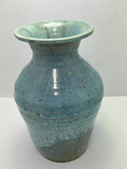 Studio Art Pottery Teal, Brown, Cream Glazed speckle flower design, Vase