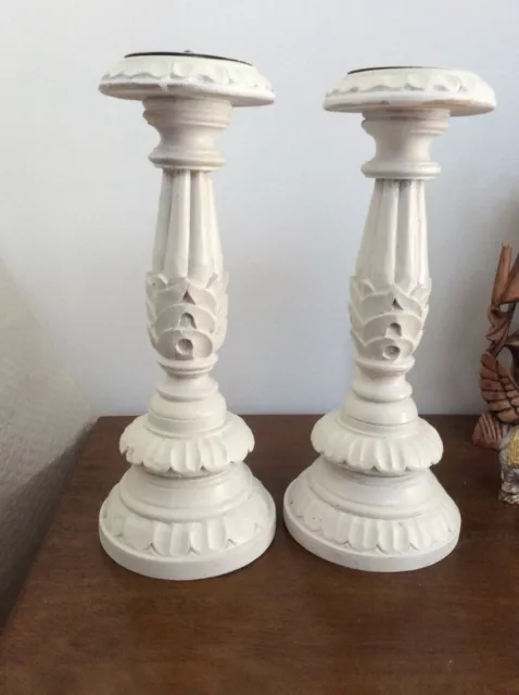 2 x ZARA HOME 34cm white carved wooden Hamptons Style Chabby Chic candle holders