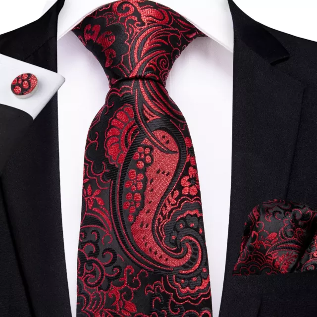 Italian Designer Red Metallic & Black PAISLEY SILK TIE HANKY & CUFFLINKS