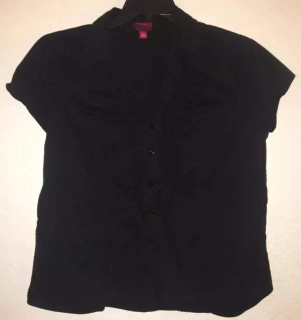 MERONA Women’s Black Ruffle Button Down Short Sleeve Front Stretch Top Size XL