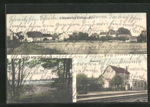 AK Wünsdorf, Kirche mit Ortsansicht, Bahnhof und See 1915