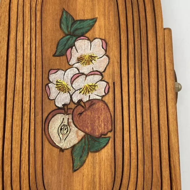 Vtg Collapsible Folding Wooden Basket Trivet  Apple Blossom Flower Wall Hanging 3