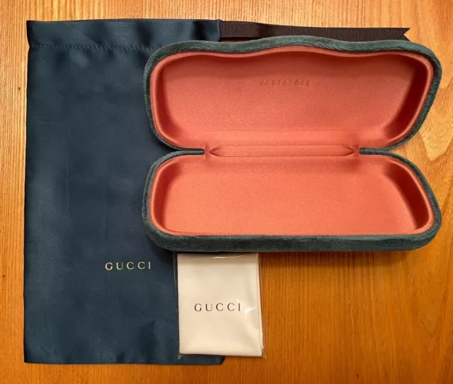GUCCI Glasses Sunglasses Case with Cleaning Cloth & Pouch NEW Teal Velvet Bronze