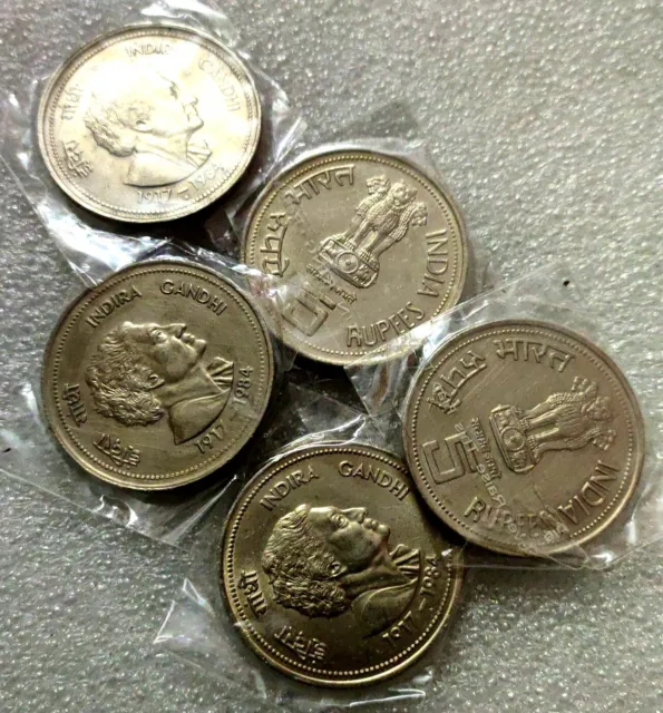 Lot 3PCS 1984 INDIA Indira Gandhi Commemorative Cu Nickel 5 Rupees Coins UNC Set
