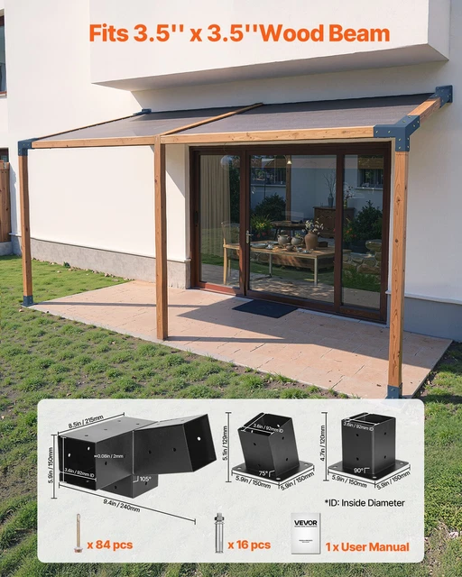 VEVOR 4x4 Pergola Bracket Kit | 3-Way Corner Brackets For Gazebos & Patio Covers (3.5x3.5 Inner)