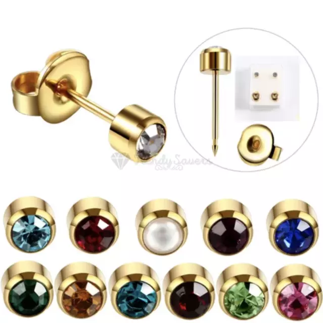 Women Girls Kids Pair plain 18K Gold Plated Birthstones Piercing Stud Earrings