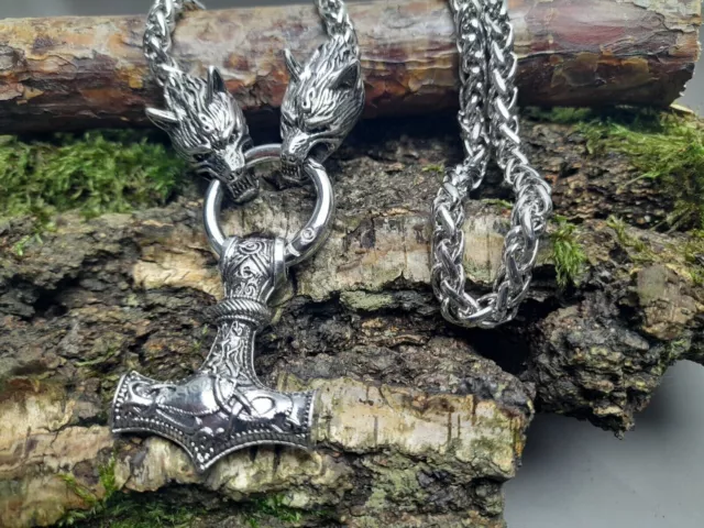 Nordische Wikinger Halskette mit Wolfskopf Mjolnir Anhänger Silber Thor Hammer